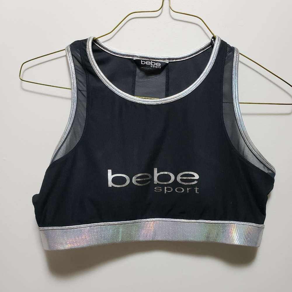 Bebe Sports Training Bra Metallic Trim Silver Black Spandex Women S-L